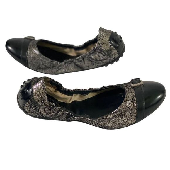 Tods Dee Flats 37.5 Black Leather Round Toe Buckle Ballet Style Silver Metallic - Picture 4 of 12